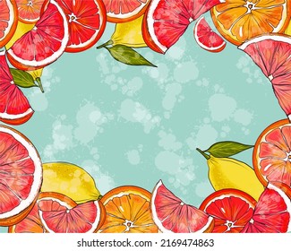Summer  fruits citrus background frame with grapefruits, oranges, colorful hand drawn, vector, copy space