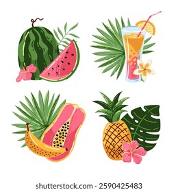 Summer fruits clipart. Tropical and exotic fruits and palm leaves, compositions isolated on white