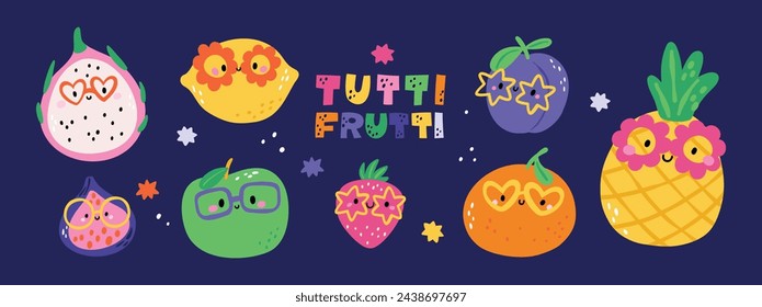 Summer fruits collection. Cute lemon, pineapple, fig, apple, strawberry, orange, plum characters set. Funny exotic fruit in sunglasses. Tutti frutti set