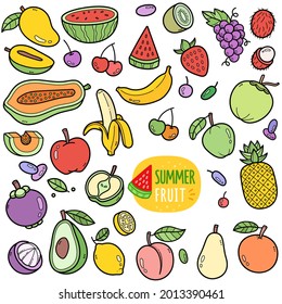 Summer fruits, colorful graphics elements and illustrations. Objects vector art such as papaya, pineapple, watermelon, mangosteen, apple, mango are included in this doodle cartoon set.