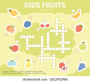 Summer Fruits Crossword. Educational Crossword Kids Game With Lemon, Apple, Grape And Orange Fruits Vector Illustration. Fruits Crossword Puzzle For Kids. Crossword Puzzle Fruit, Educational Quiz