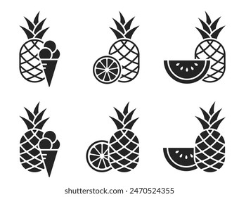 summer fruits and desserts flat and line icons. citrus, watermelon, ice cream and pineapple symbols. isolated vector images in simple style