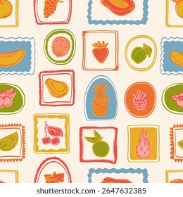 Summer fruits doodle hand drawn seamless pattern. Dragon fruit, blueberry, pomelo, pineapple, pineapple, citrus, banana, apple, grape, lemon. Vector illustration.
