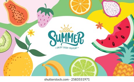 Summer fruits drawing clipart design. Summer tropical fruit like lemon, watermelon, kiwi, strawberry and pineapple clip art elements in colorful abstract background. 