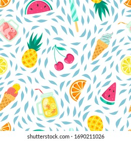 Summer fruits, drinks and ice cream on a background of blue splashes. Beach vacation decor, seamless pattern.