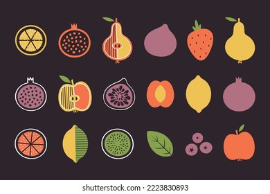 Summer fruits in flat graphic style. Different isolated vector fruit and berries, apple, lemon, strawberry, kiwi, pomegranate, fig. Clip arts of healthy organic natural food for sticker, vegan merch.