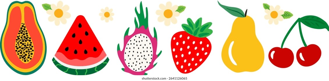 summer fruits and flowers clipart set with papaya, watermelon, dragon fruit, strawberry, pear, cherries and daisies in flat cartoon style isolated background