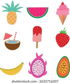 Summer fruits and food 9 icon collection set featuring watermelon, banana, ice cream, strawberries and pineapple. For stickers, scrapbooking and clip art 