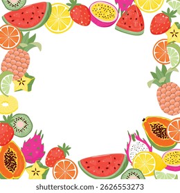 Summer fruits frame with watermelon, papaya, passion fruit, kiwi, strawberry, citrus, pineapple, star fruit, pitaya. Yellow, red, orange, pink and brown colors on white. Vector design for banner