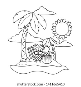 Summer and fruits funny cartoons in black and white