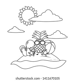 Summer and fruits funny cartoons in black and white