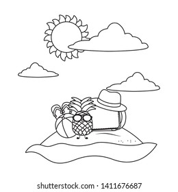 Summer and fruits funny cartoons in black and white