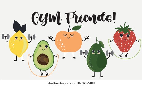 Summer fruits gym friends slogan fitness illustration print - Graphic cartoon sport vector pattern for kids girl tee / t shirt