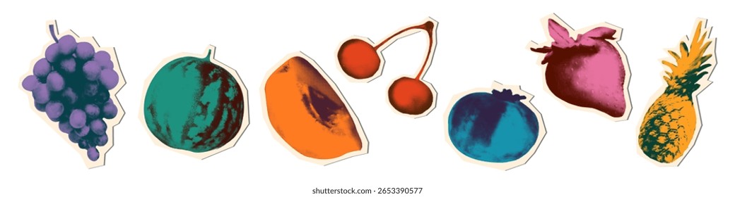 Verão frutas meio tom duotônico arte colagem recortes set. Pêssego, uva, cereja, pêssego, morango, mirtilo, abacaxi com textura de pontos vintage. Ilustração moderna vetor de mídia mista retrô