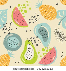 Summer fruits hand drawn tropical illustration seamless pattern print for textile fabric vector graphic artwork