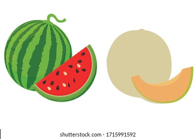 Summer fruits for healthy lifestyle. Cantaloup and watermelon. Vector illustration 