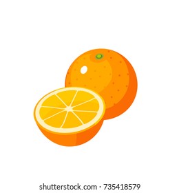 Summer fruits for healthy lifestyle. Orange fruit, whole and half. Vector illustration cartoon flat icon isolated on white.