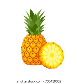 Summer Fruits For Healthy Lifestyle. Pineapple Fruit, Whole And Slice. Vector Illustration Cartoon Flat Icon Isolated On White.