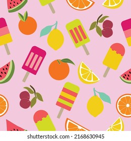 Summer fruits and ice cream seamless pattern. Cute vector seamless background with lemon, cherry, orange, watermelon and popsicles.