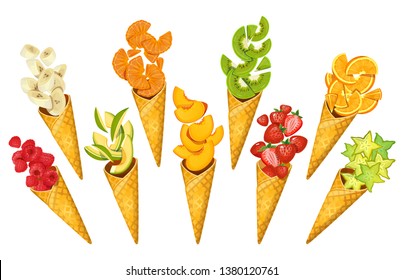 Summer fruits in ice-cream cones. Bananas, oranges, mango, strawberries, carambole, kiwi etc. Sliced summer fruits in cones isolated on white background. Cartoon fruits vector illustration