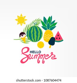 Summer fruits, ice-cream, flowers. Vector illustration.
