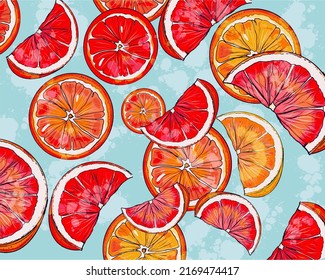 Summer fruits juicy citrus background of lemon, grapefruit and orange slices, hand drawn, vector, fabric print. bright fruit background illustration
