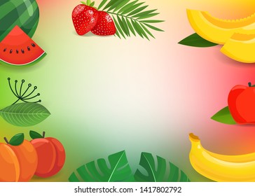 Summer fruits and leaves. Horizontal vector background