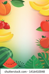 Summer fruits and leaves. Vertical vector background