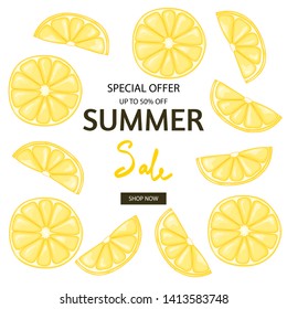 Summer fruits and lettering template about summer discounts and sales.