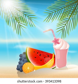  Summer fruits and milkshake  background.Orange,banana,grapes and watermelon.