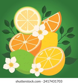 Summer fruits mixed. Cute Citrus Fruits Lemon, Lime and Orange background in vivid tasty colors ideal for Fresh Lemonade