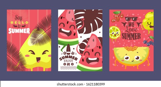 Summer fruits on typographic banners, vector illustration. Funny cartoon characters with smiling faces. Summer sale campaign advertisement, fruity flavor dessert collection. Watermelon, melon and pear