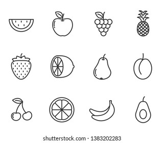 summer fruits outline vector icons set isolated on white background. summer season food concept. fresh summer fruits outline flat icons for web and ui design