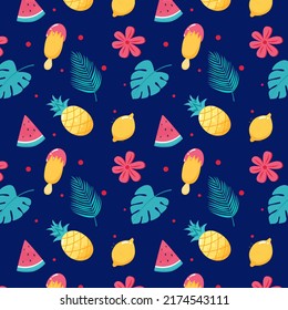 Summer fruits pattern, blue background. Cute watermelon, pineapple, ice cream, lemon, leaves. Hand drawn flat cartoon elements. Vector illustration