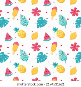 Summer fruits pattern. Cute watermelon, pineapple, ice cream, lemon, leaves. Hand drawn flat cartoon elements. Vector illustration