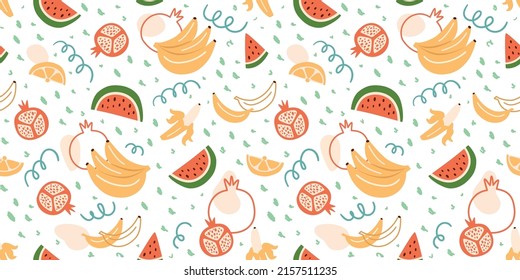Summer fruits pattern. Pomegranate seamless pattern, banana pattern, watermelon pattern. Cute exotic fruit seamless seamless background. Hand-drawn vector illustration. Colorful summer design.