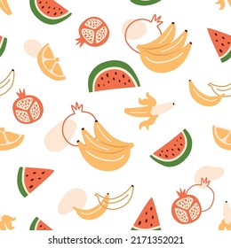 Summer fruits pattern. Pomegranate seamless pattern, banana pattern, watermelon pattern. Cute exotic fruit seamless seamless background. Hand drawn vector illustration. Colorful summer design.