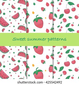 Summer fruits patterns (watermelon, cherry, strawberry). Vector stock illustration