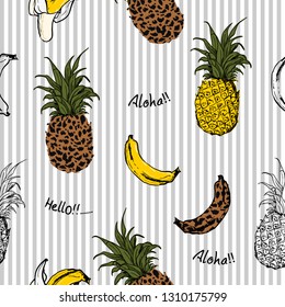 Summer fruits pineapple and bananas fill in with animal leopard skin seamless pattern in vector design for fashion fabric and all prints on light grey stripe background color