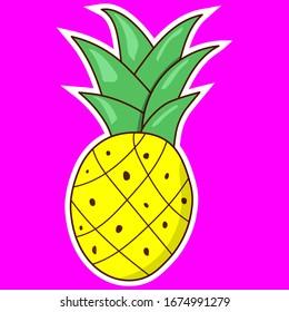 Summer fruits pineapple fresh and juce vector illustration sticker on pink background isolated flat design