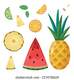 Summer fruits: pineapple, watermelon, lime, orange. Set of stickers, patches, badges, pins. Bright summertime collection. Scrapbooking elements for beach party, cafe or bar menu. Isolated on white.