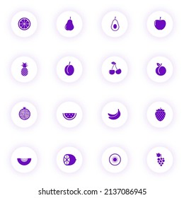 summer fruits purple color vector icons on light round buttons with purple shadow. summer fruits icon set for web, mobile apps, ui design and print