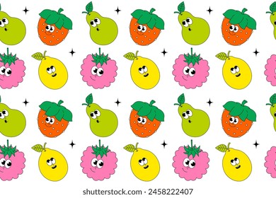 Summer Fruits. Retro groovy seamless pattern. Comic characters pear, strawberry, lemon, raspberry. Vector illustration. 