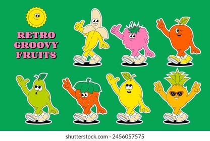 Summer Fruits. Retro groovy sticker and patch. Comic characters strawberry, lemon, banana, apple, pineapple, pear, raspberry. Vector illustration. 