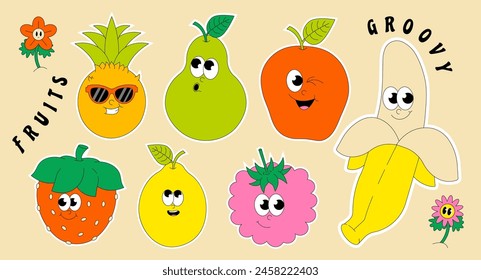 Summer Fruits. Retro groovy sticker and patch. Comic characters strawberry, lemon, banana, apple, pineapple, pear, raspberry. Vector illustration. 