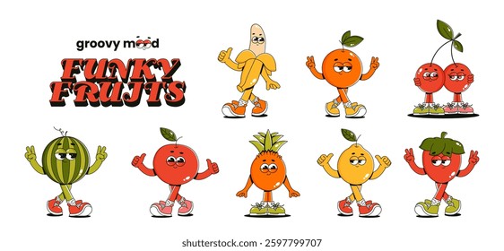Summer fruits. Retro groovy sticker and patch. Comic characters strawberry, lemon, banana, apple, pineapple, orange, cherry, watermelon. Vector illustration