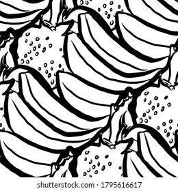 Summer fruits seamless pattern. Black and white hand drawn illustration. Icon sign for print and labelling.