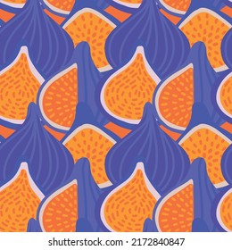 Summer fruits seamless pattern with fig purple and orange ornament. Perfect for fabric design, textile print, wrapping, cover. Vector flat hand drawn illustration.