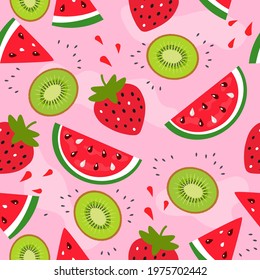 summer fruits seamless pattern. juicy slices of watermelon and kiwi and strawberries on a pink background. vector illustration