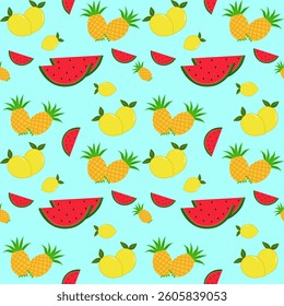 Summer Fruits Seamless Pattern - Watermelon, Pineapple, Lemon